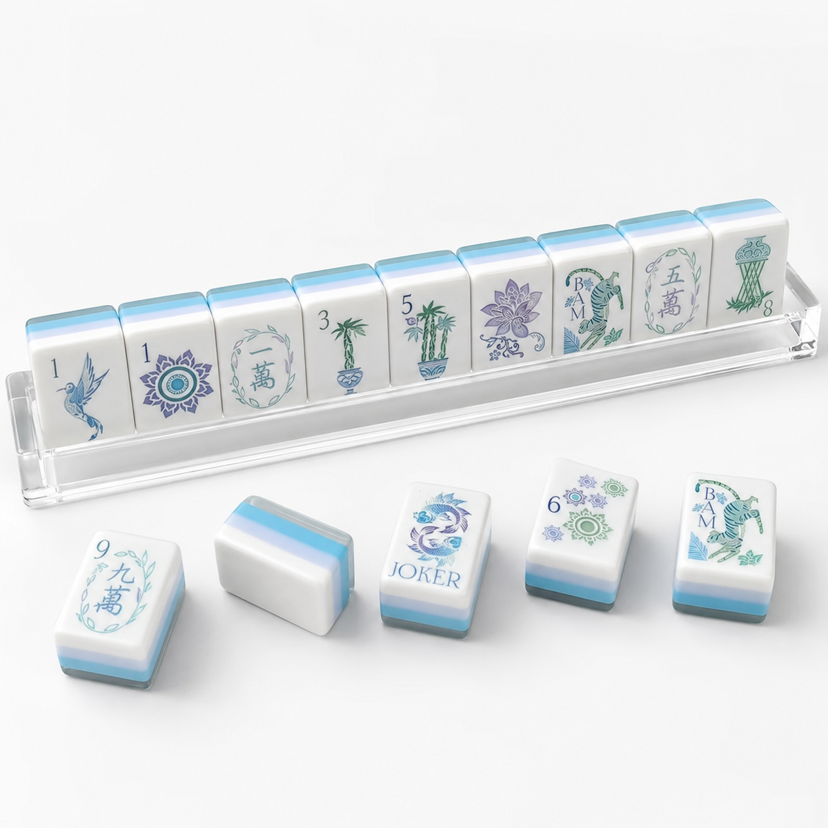 Modern mahjong night setup with Mahj House tiles and table accessories