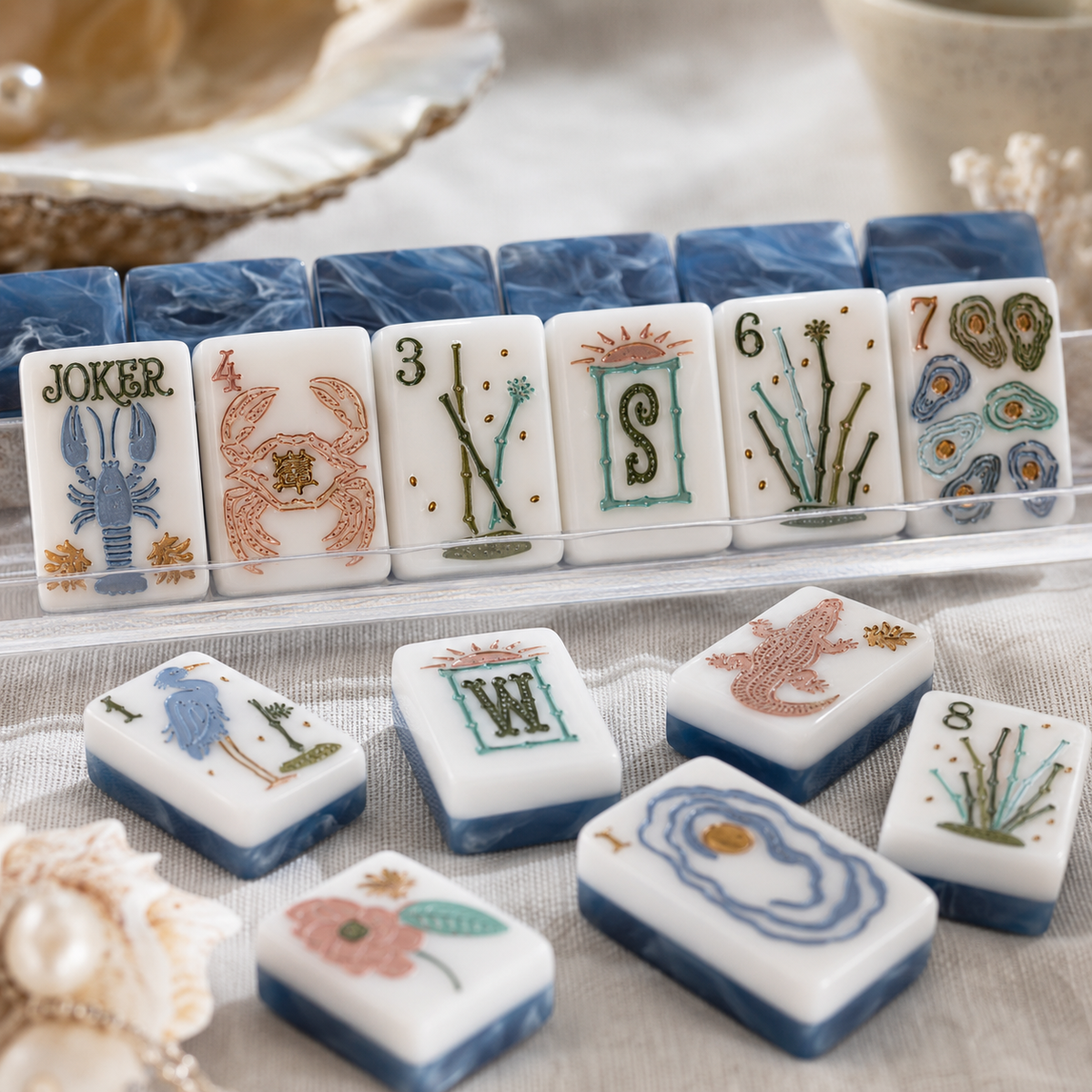 Design-forward mahjong gift set with Mahj House tiles and accessories