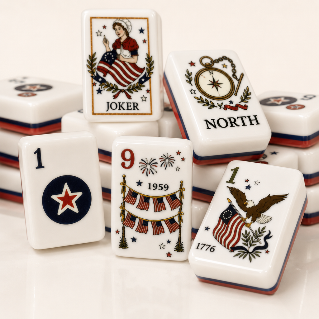 American Heritage Mahjong kit with patriotic red white and blue American Mahjong tiles