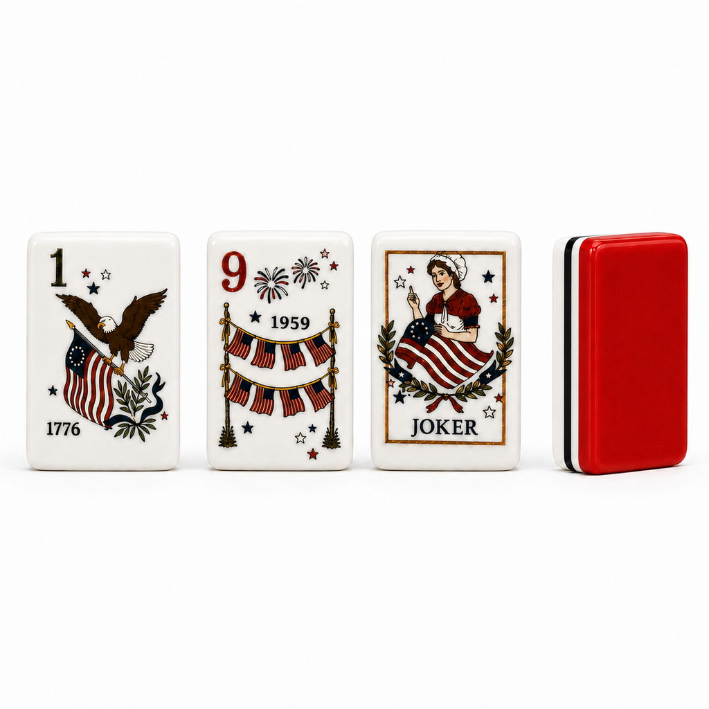 American_Heritage_Mahjong_kit_displayed_with_red_racks_and_matching_game_accessories