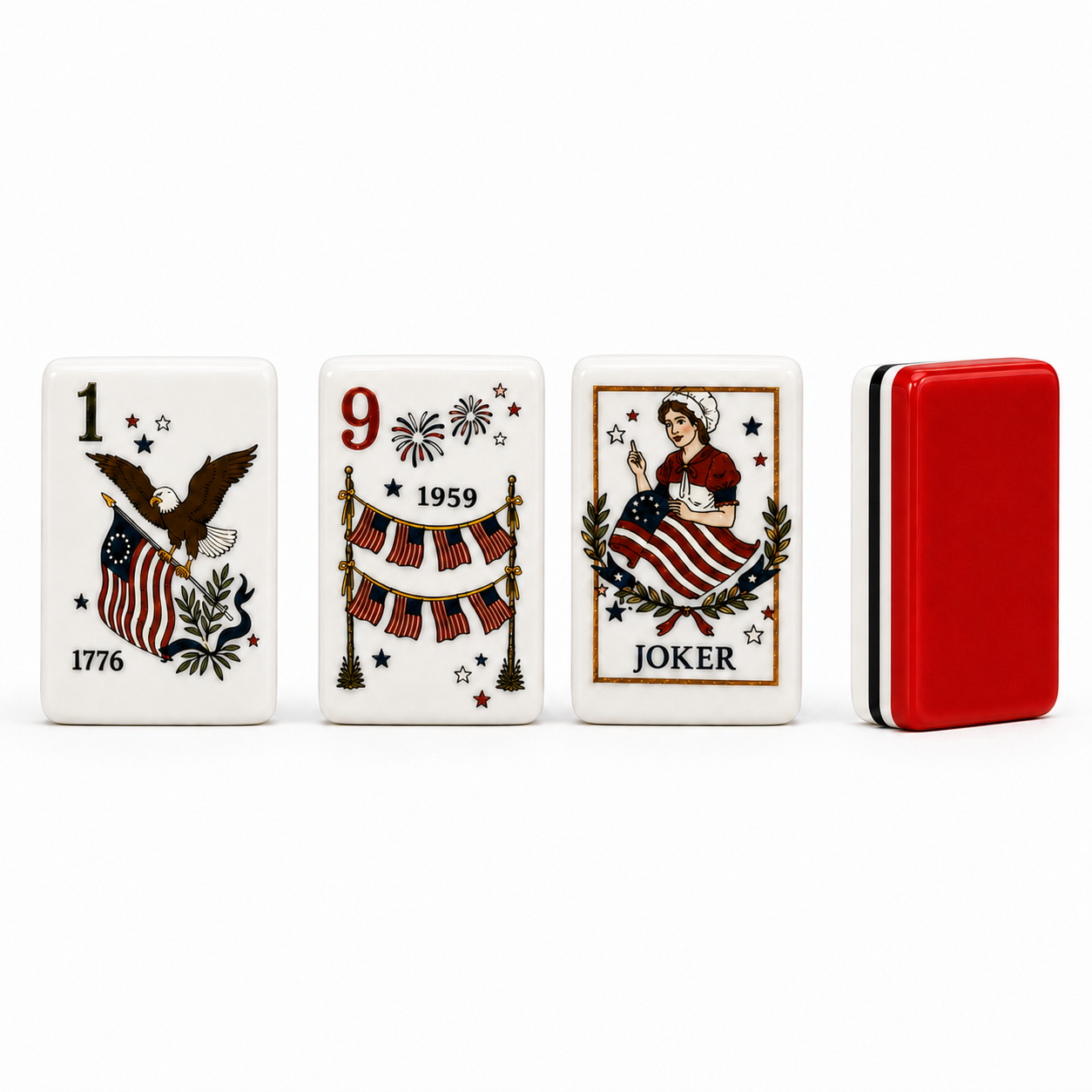 American_Heritage_Mahjong_kit_displayed_with_red_racks_and_matching_game_accessories