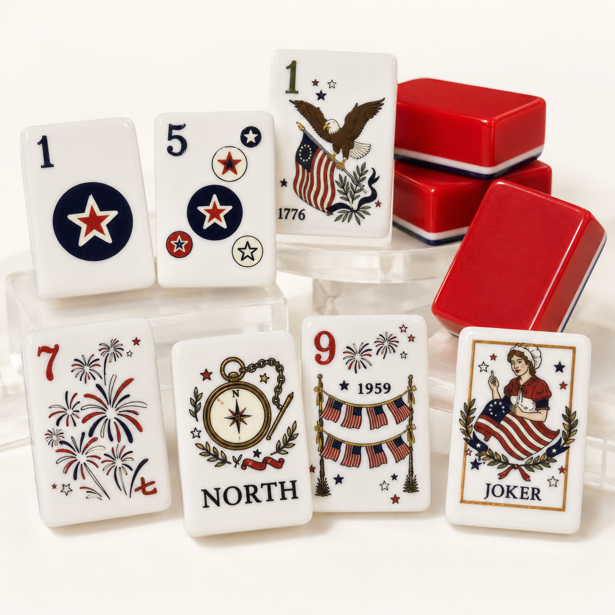 American Heritage Mahjong kit with patriotic red white and blue American Mahjong tiles