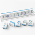Blue and white American Mahjong tiles set displayed with floral styling