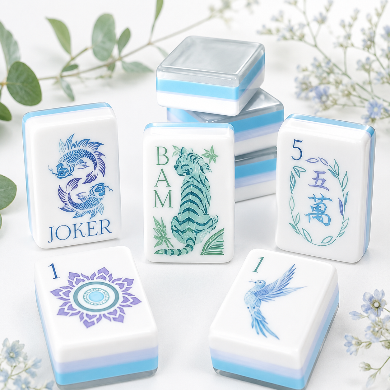 Blue Lotus American Mahjong acrylic tiles with koi fish, bamboo, lotus, and floral artwork