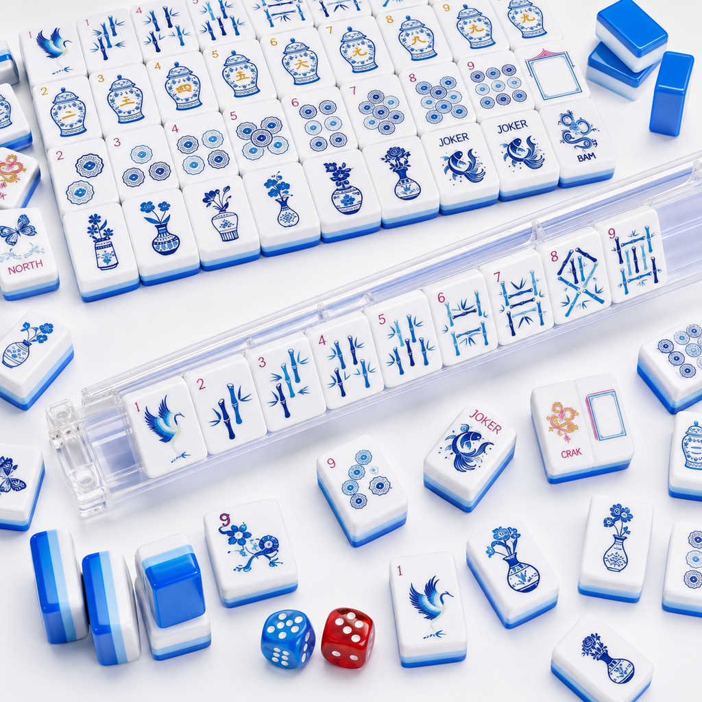 Blue Porcelain Mahjong tiles displayed in clear racks