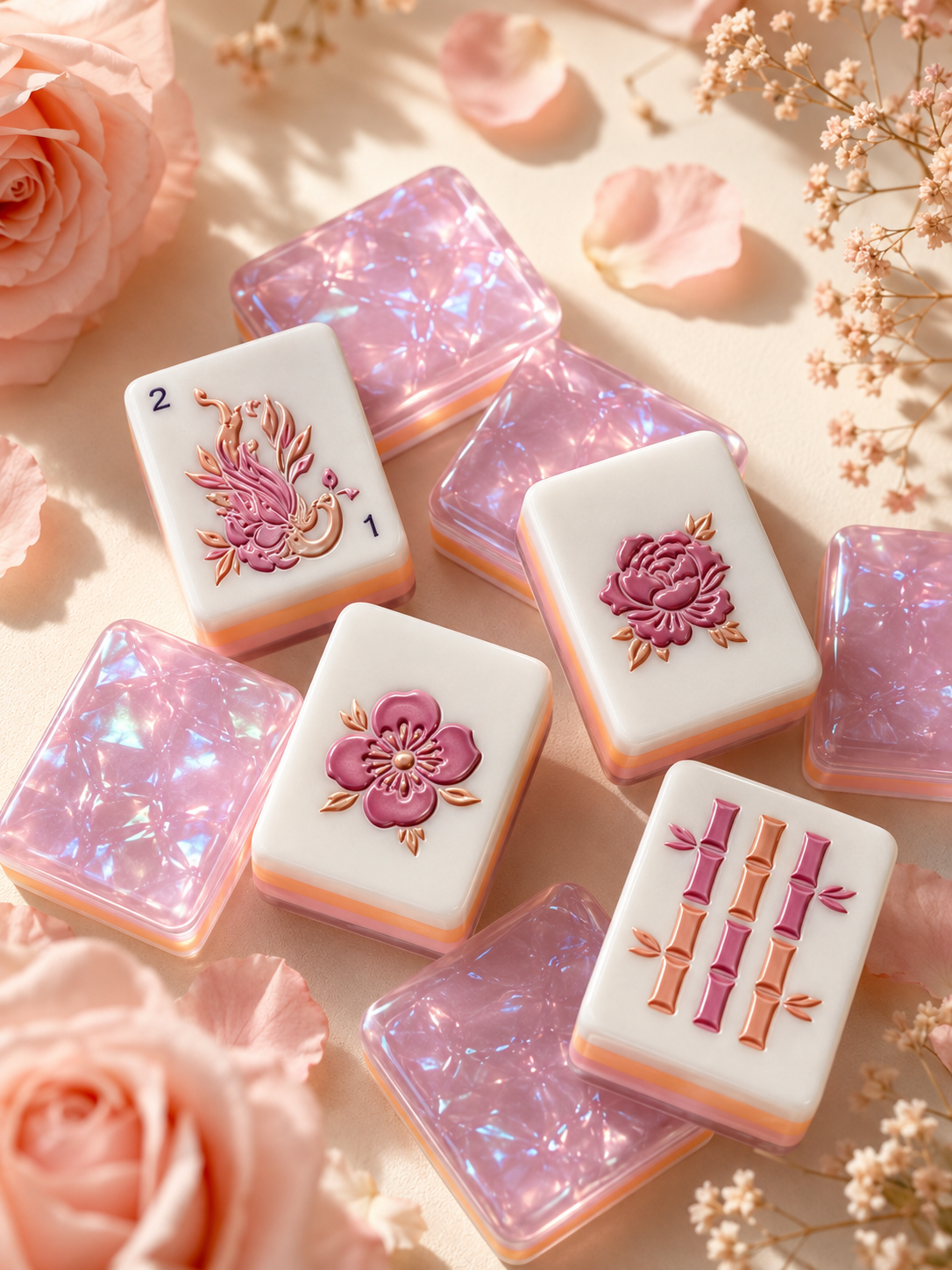 Feminine American mahjong tiles featuring pink floral artwork and iridescent pearl backs