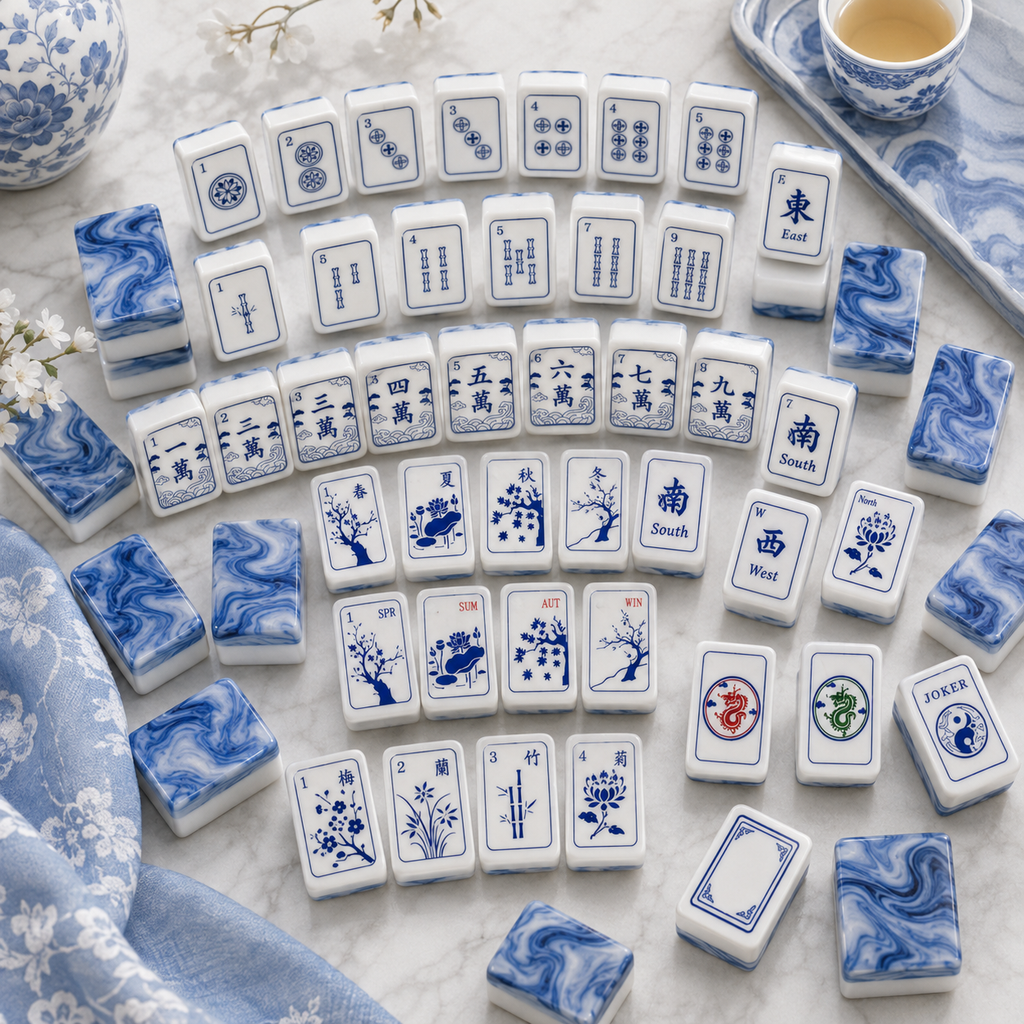 Blue and white porcelain American Mahjong set arranged on soft patterned fabric with floral and traditional tile designs