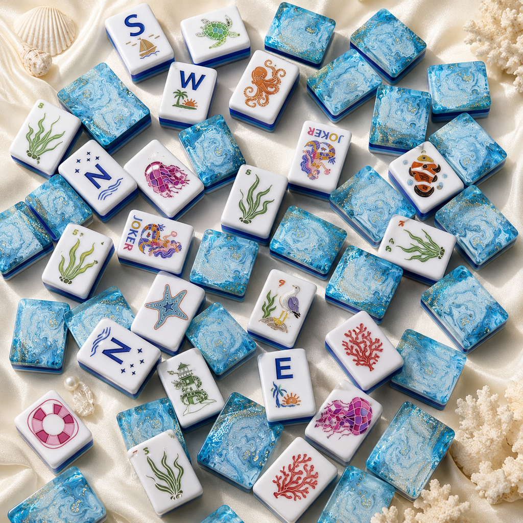 Luxury ocean-themed mahjong tiles scattered on ivory satin with seashells, coral, and shimmering blue backs.