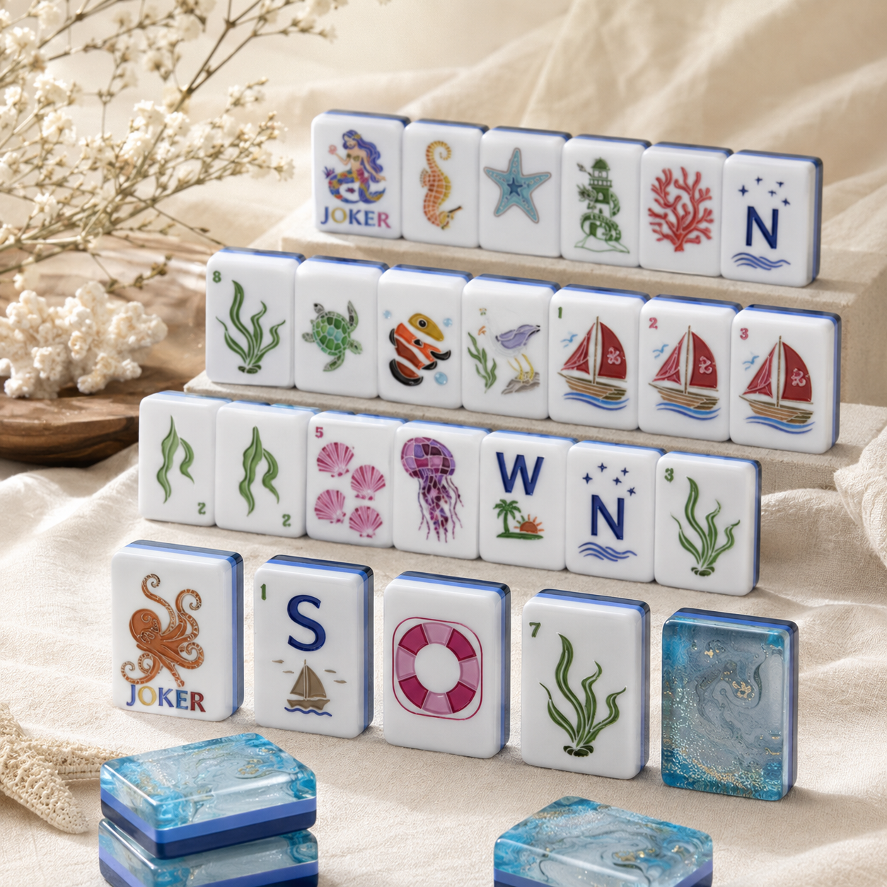 Ocean-themed mahjong tile collection displayed in neat rows on cream fabric with coral and coastal decorations.