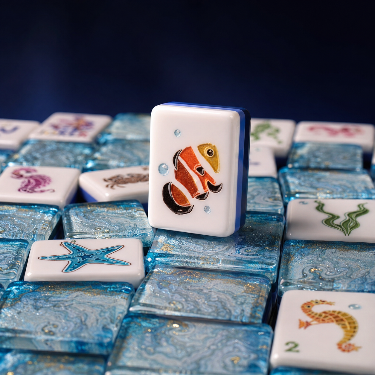 Close-up of a clownfish mahjong tile standing among shimmering blue marbled ocean-themed tiles.