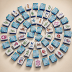 Ocean-themed mahjong tiles arranged in a circular spiral pattern on a soft beige background.