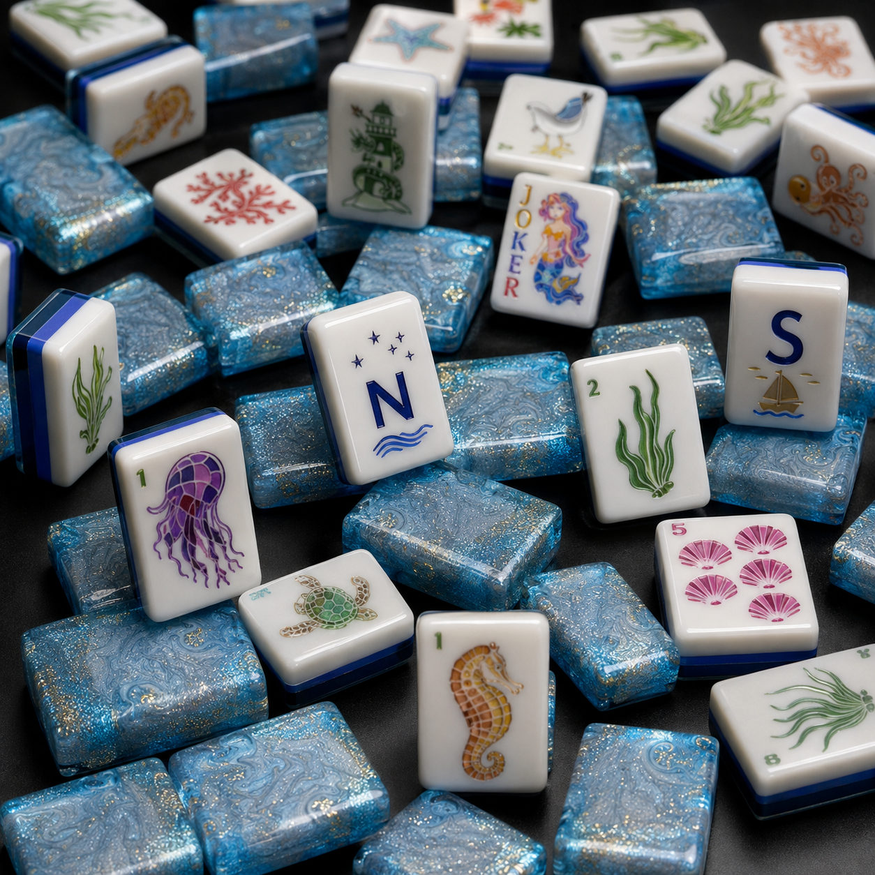 Ocean-themed mahjong tiles scattered on a black surface with upright seaweed, jellyfish, wind, Joker, and seahorse tiles.