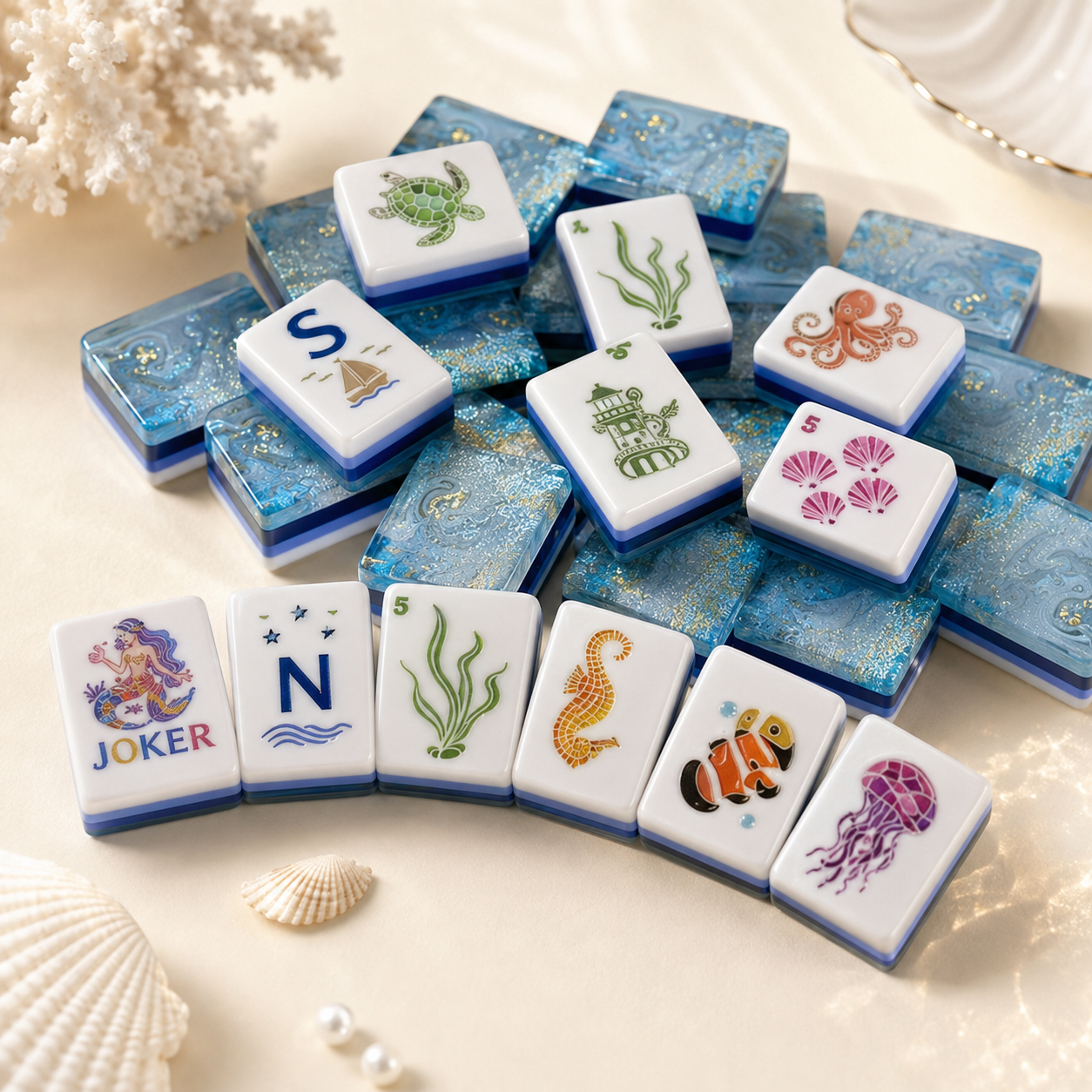 Ocean-inspired mahjong tiles styled on a cream background with a curved row of mermaid Joker, wind, seaweed, seahorse, clownfish, and jellyfish tiles.