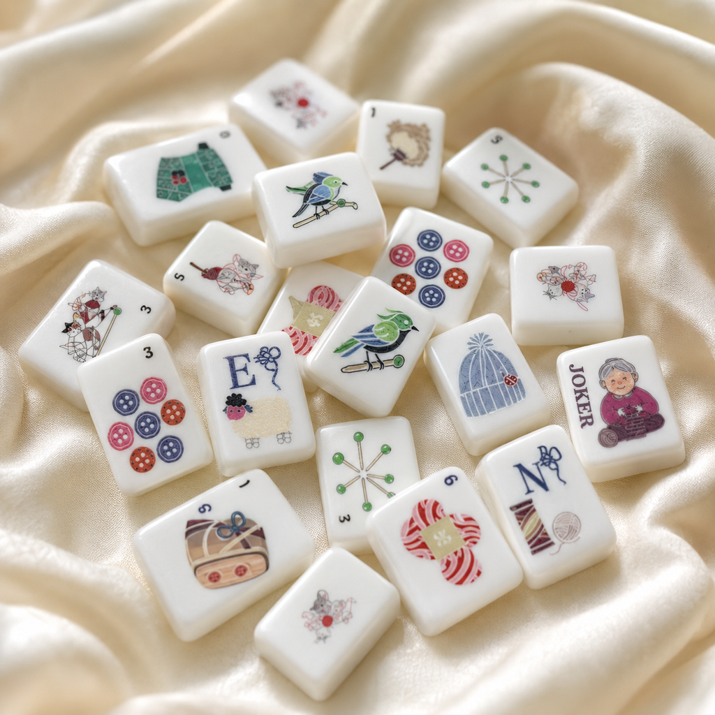 Knitting-themed white mahjong tiles arranged on soft cream satin with cats, yarn, buttons, birds, and knitwear designs