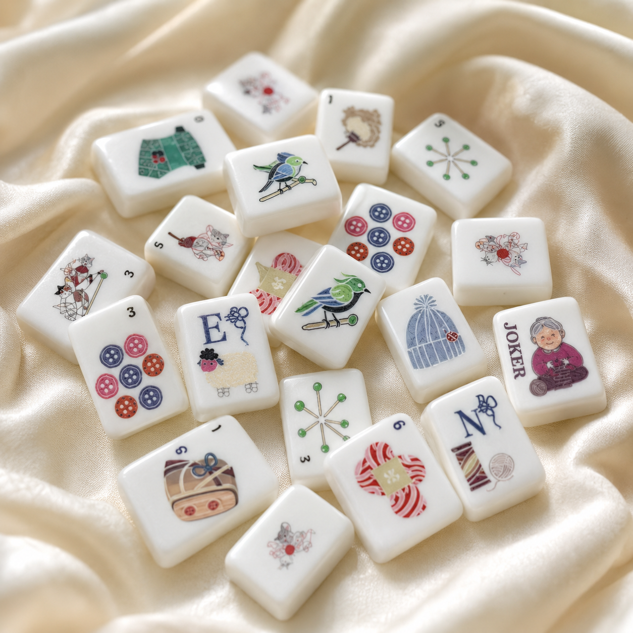 Knitting-themed white mahjong tiles arranged on soft cream satin with cats, yarn, buttons, birds, and knitwear designs