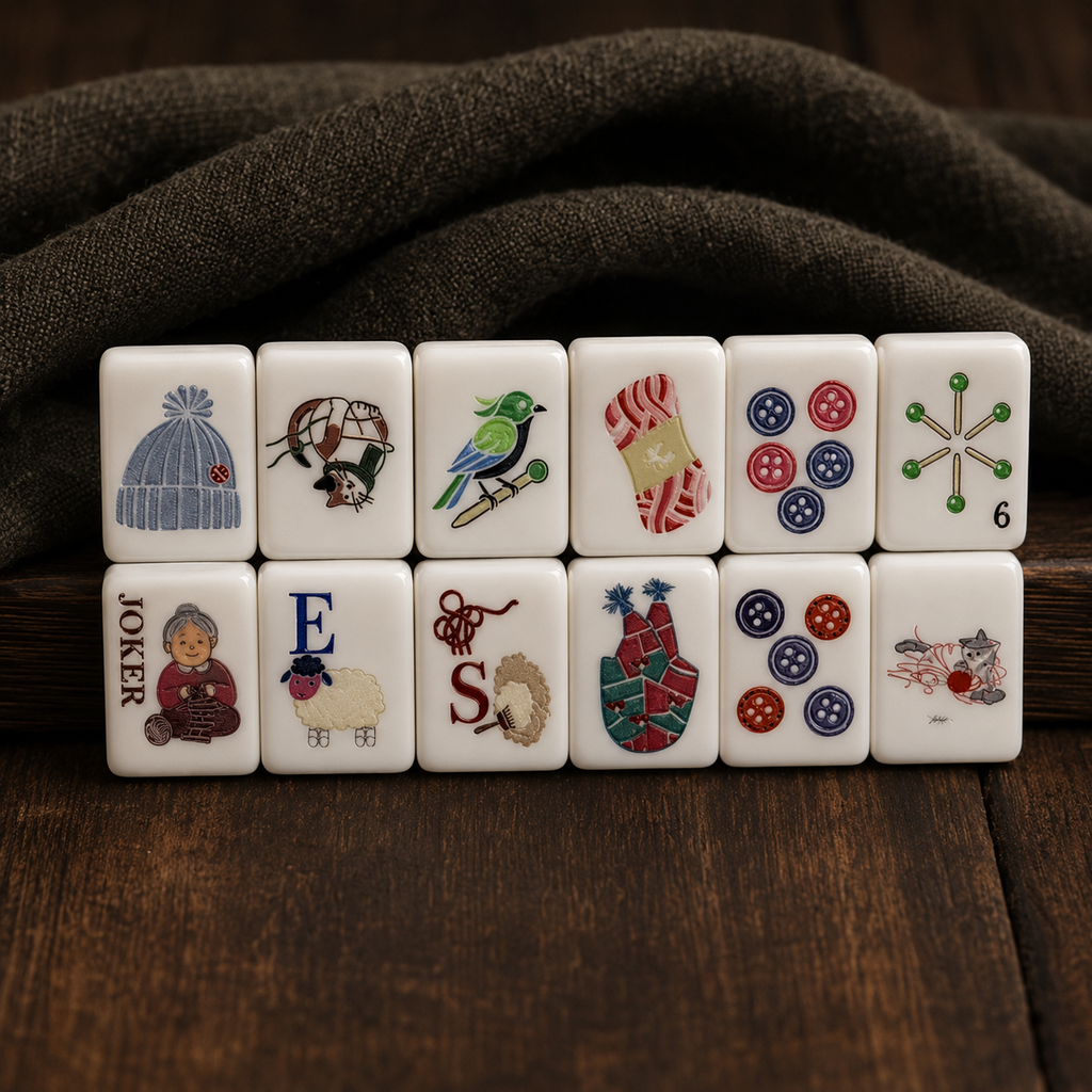 Knitting-themed mahjong tiles arranged in two rows on dark wood with a cozy brown fabric background