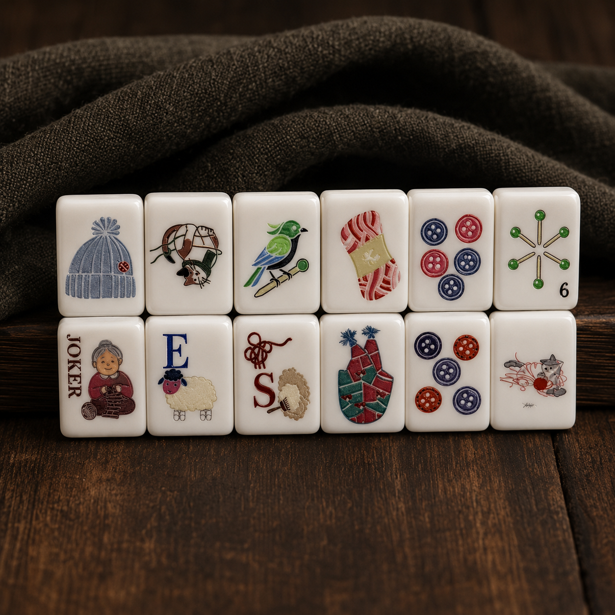 Knitting-themed mahjong tiles arranged in two rows on dark wood with a cozy brown fabric background