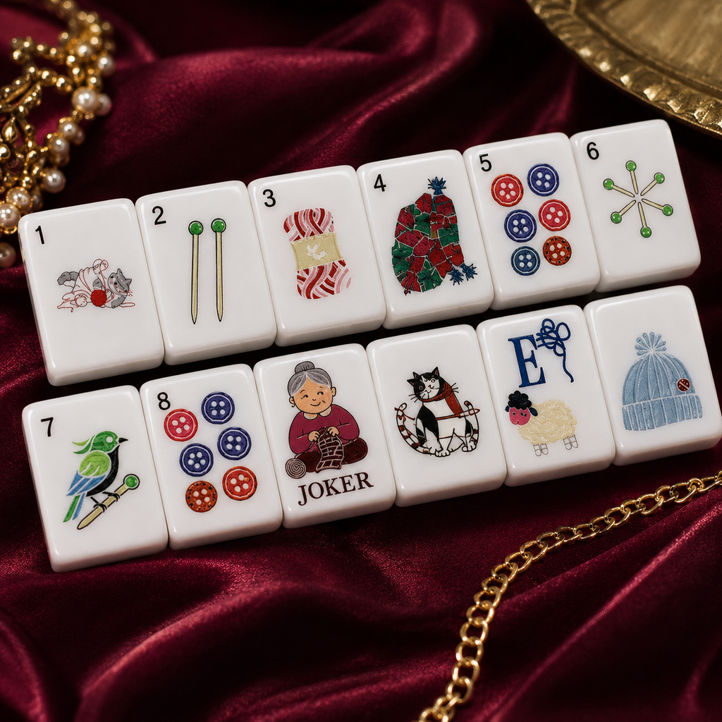 White craft-inspired mahjong tiles displayed in two rows on burgundy satin with elegant gold accessories
