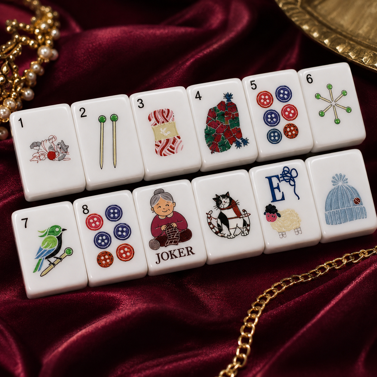 White craft-inspired mahjong tiles displayed in two rows on burgundy satin with elegant gold accessories