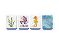 Four ocean-themed mahjong tiles featuring seaweed, a mermaid Joker, a seahorse, and a blue marbled tile back on a white background.