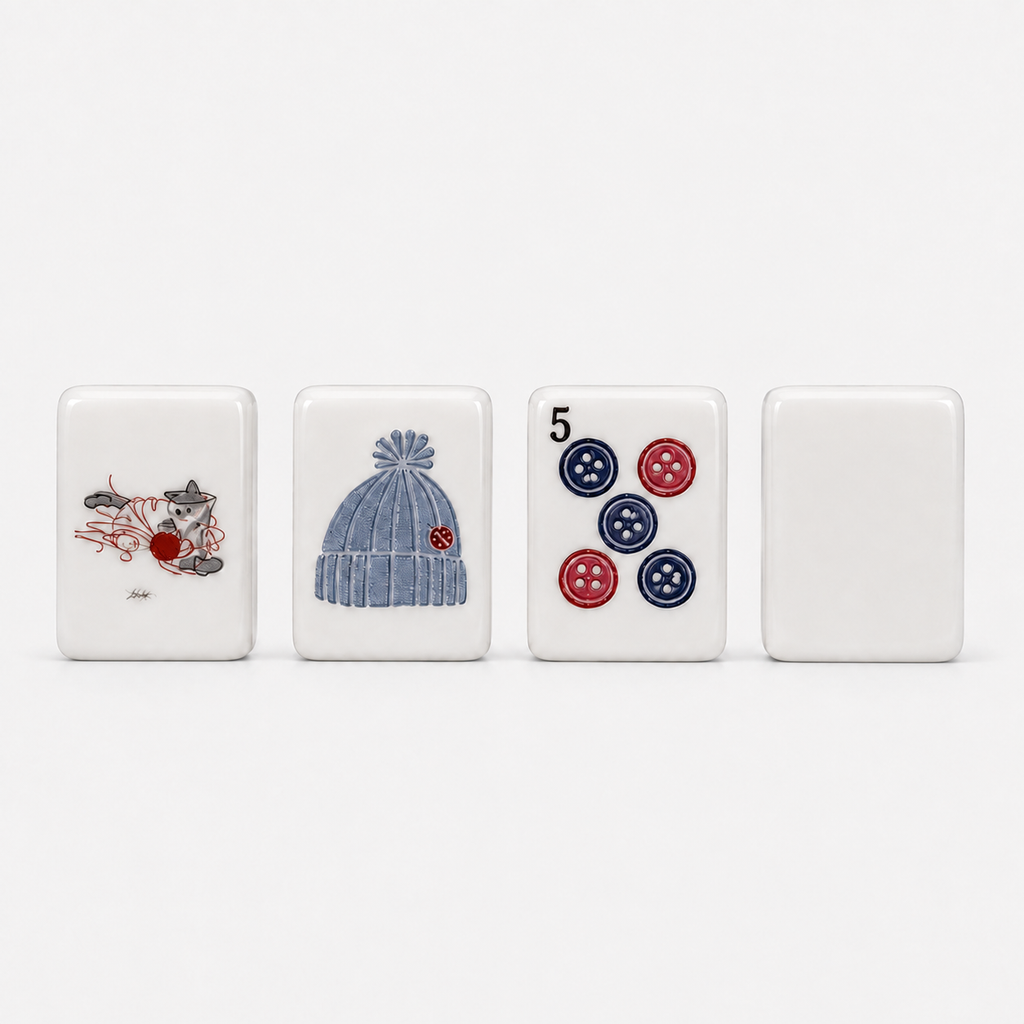White knitting-themed mahjong tiles featuring cats, a blue knit hat, colorful buttons, and a plain white tile back
