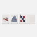 White knitting-themed mahjong tiles featuring cats, a blue knit hat, colorful buttons, and a plain white tile back