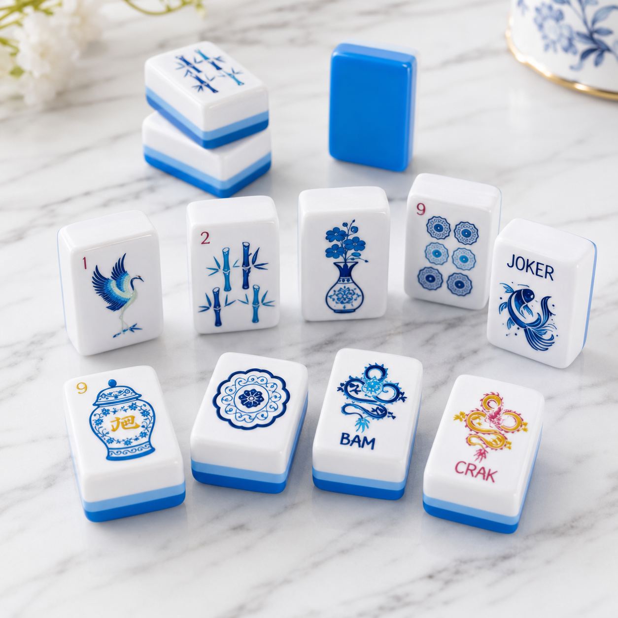 Close-up of blue chinoiserie mahjong tiles on marble, featuring porcelain vase, floral dot, bamboo, phoenix joker, and bright blue tile backs.