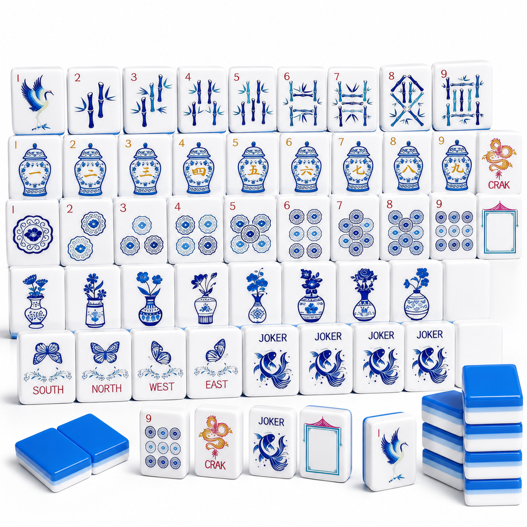 Complete blue and white chinoiserie American mahjong set with royal blue backs, stacked tiles, and porcelain inspired tile designs displayed on a white background.