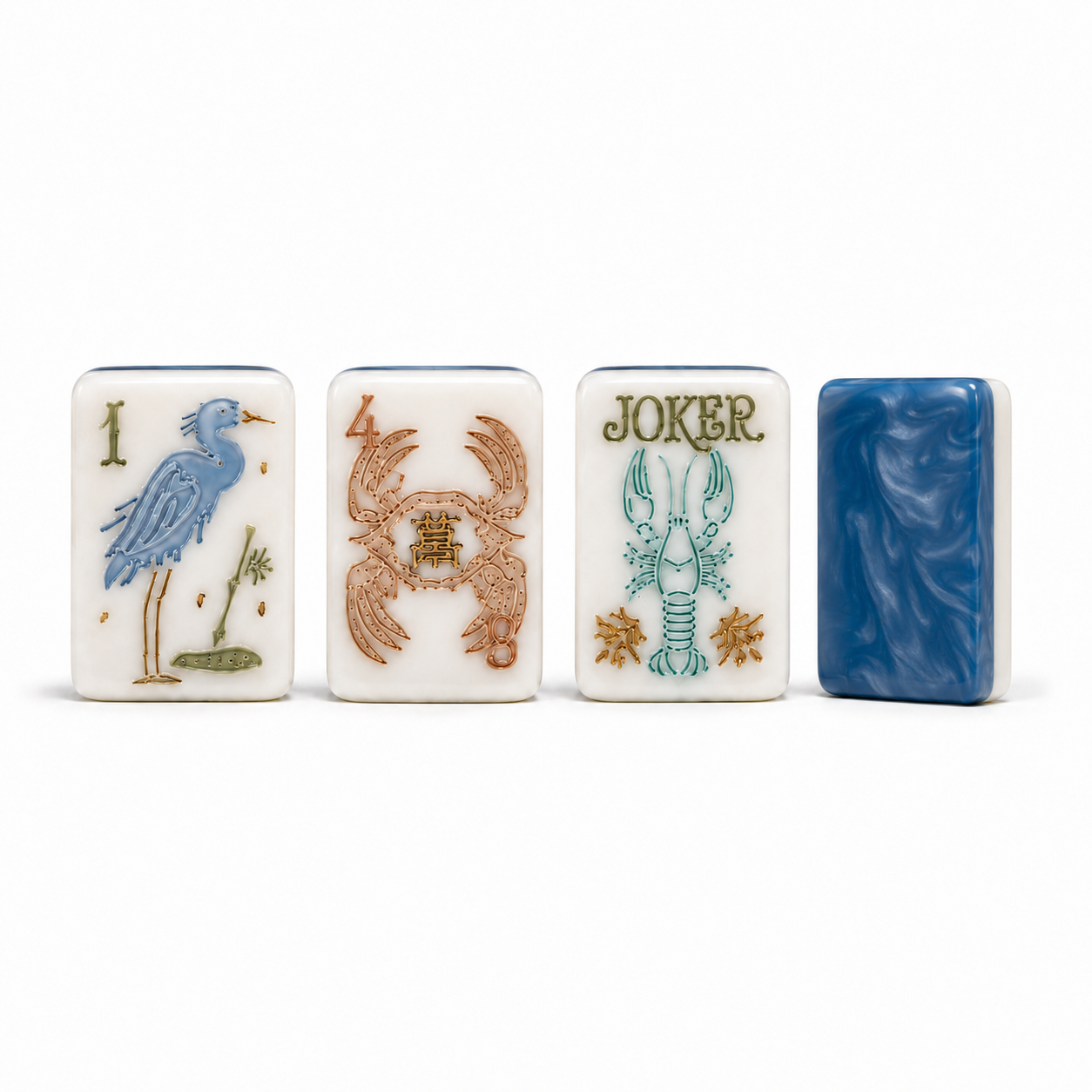 Coastal beach themed American mahjong tiles with blue marbled backs, featuring heron, crab, lobster, and ocean inspired artwork on ivory tiles.