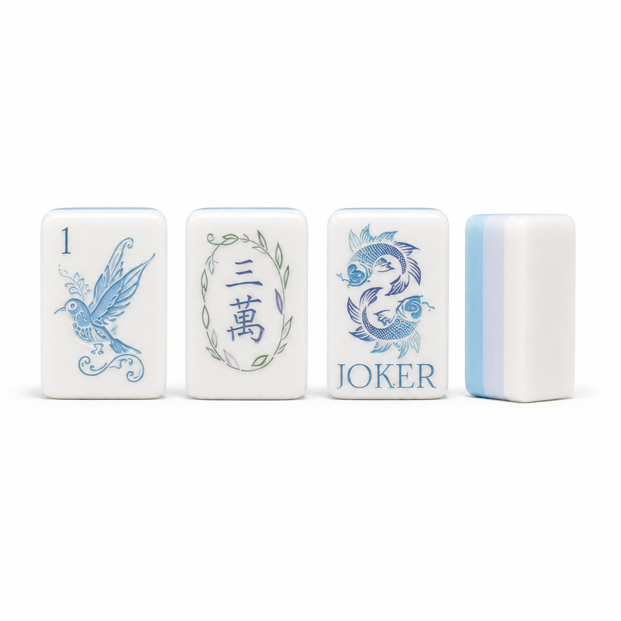 Soft blue garden American mahjong tiles with light blue and white layered sides, featuring bird artwork, floral crack tile, koi fish joker, and pastel botanical details.