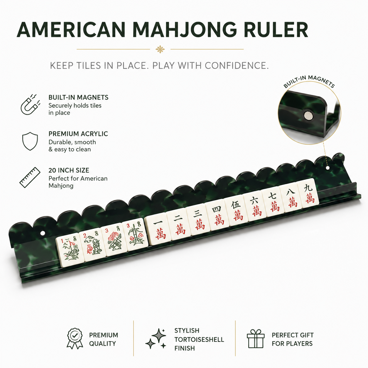 American Mahjong Ruler with features highlighted on a white background