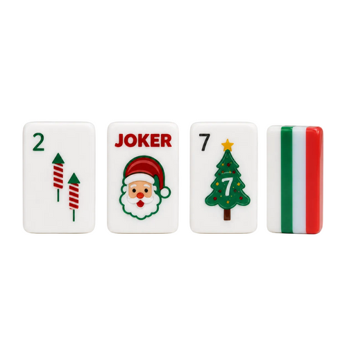 Four Christmas-themed tiles with numbers and symbols on a white background
