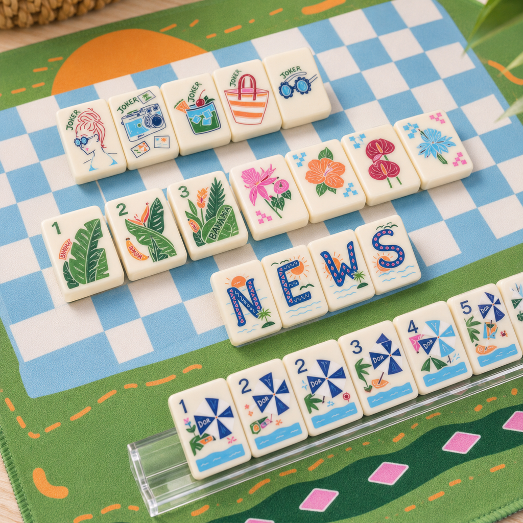 Close-up of colorful American Mahjong tiles with tropical leaves, joker artwork, flowers, and beach-inspired illustrations