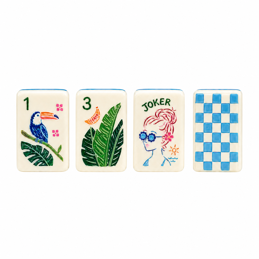 Tropical Seaside American Mahjong travel tiles set with colorful ivory tiles and blue checker tile back on white background