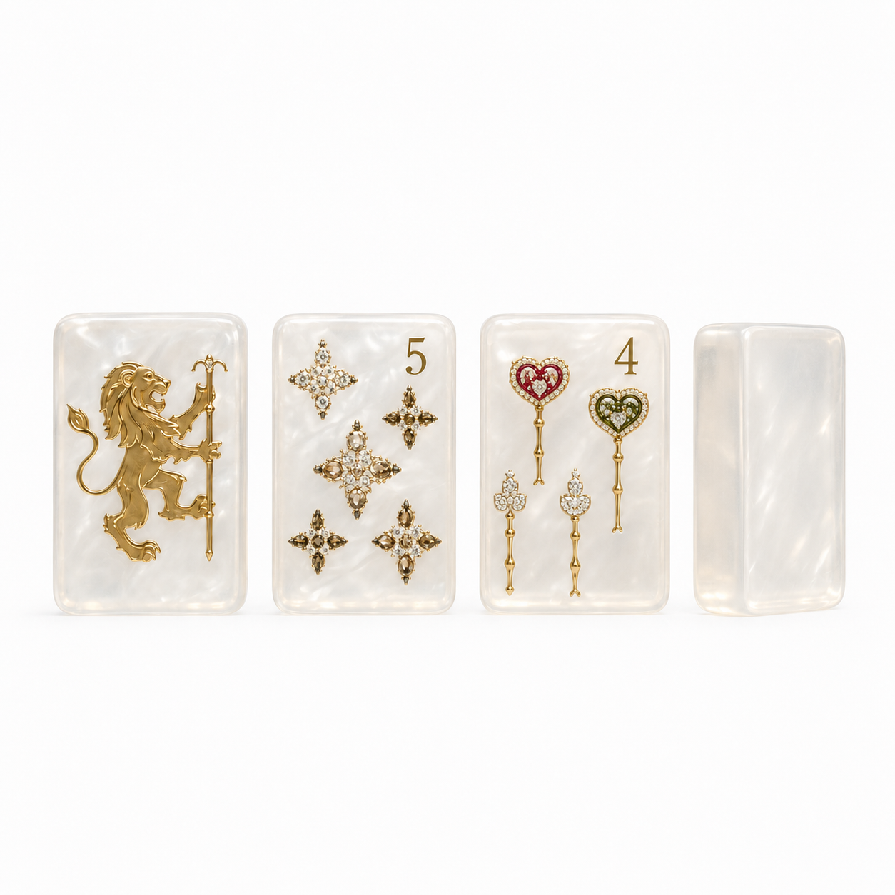 Luxury pearl American mahjong tiles with iridescent ivory finish, featuring gold lion artwork, jeweled diamond tile, heart key tile, and pearlescent tile sides.