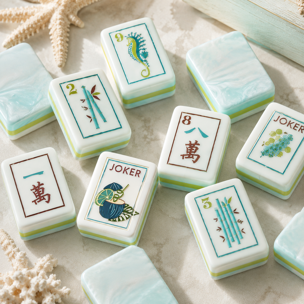 American mahjong tiles with seafoam marbled backs and lime striped sides