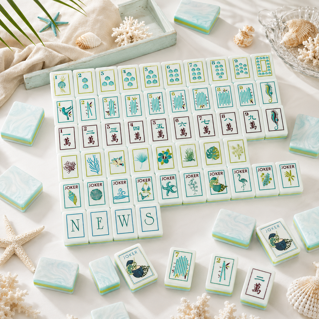 Coastal themed mahjong set featuring bird, bikini Joker, and coconut drink Joker tiles
