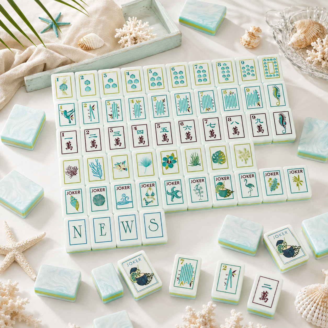Coastal themed mahjong set featuring bird, bikini Joker, and coconut drink Joker tiles