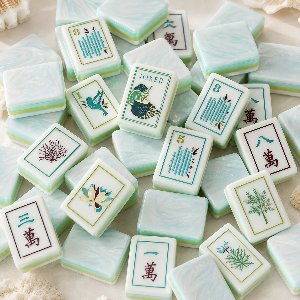 Aqua pearl mahjong tiles displayed upright on a clean white studio background