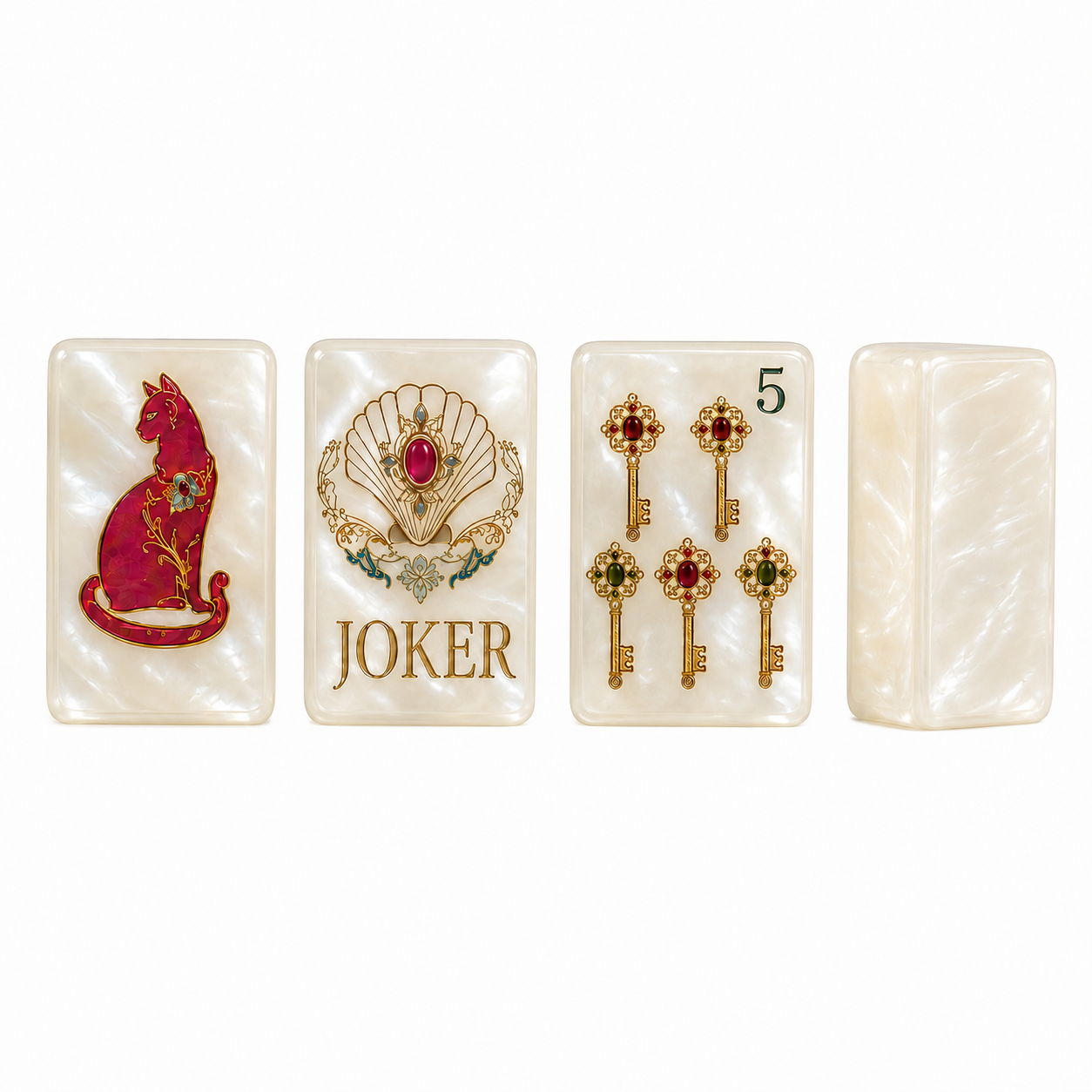 Pearl jewel American mahjong tiles with iridescent ivory backs, featuring red cat tile, ornate joker shell, gold key tile, and pearlescent tile sides.