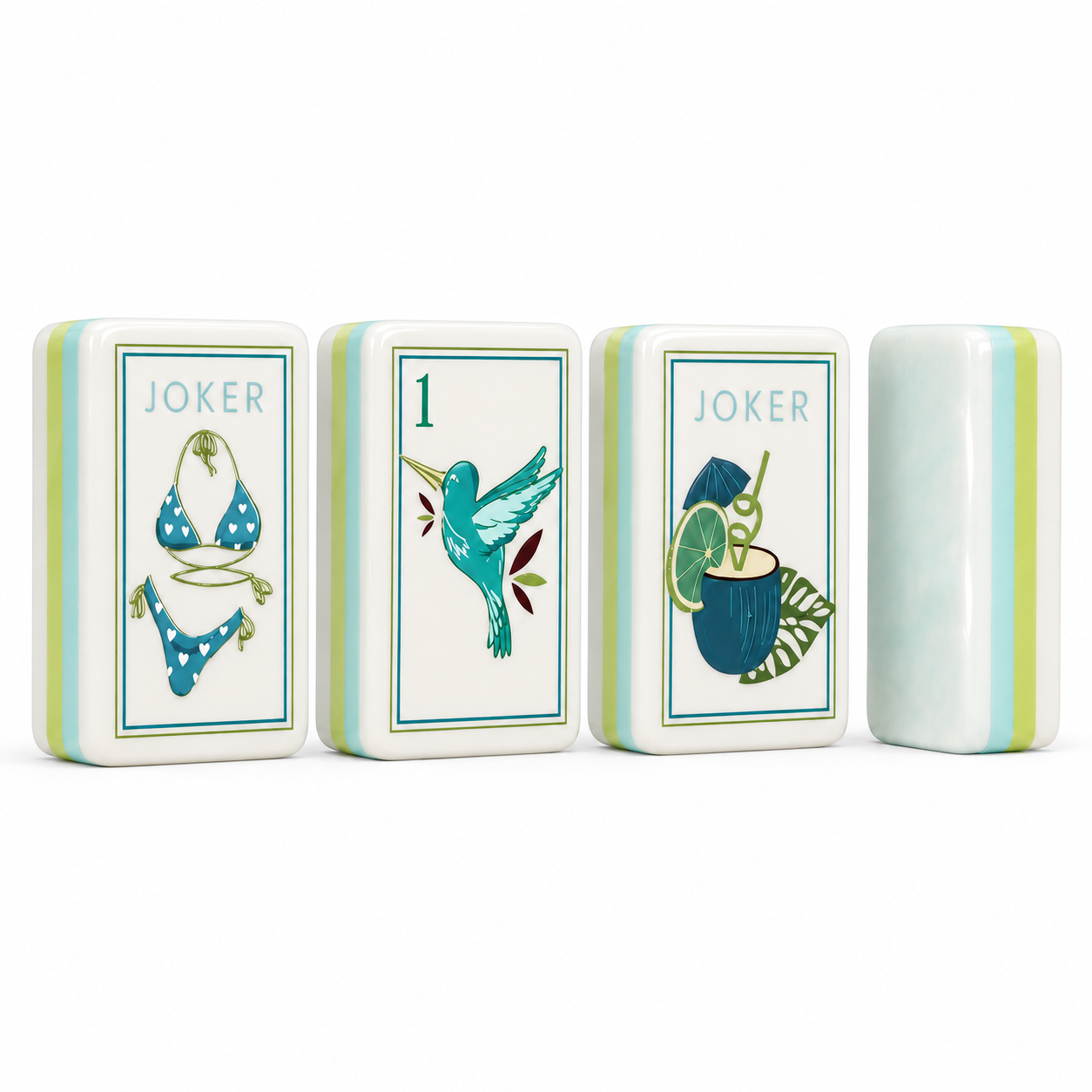 Coastal Breeze Mahjong set with aqua pearl backs and tropical tile designs on white background
