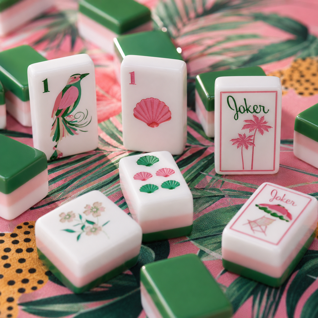 Close-up of tropical mahjong tiles with green backs and pink layered sides
