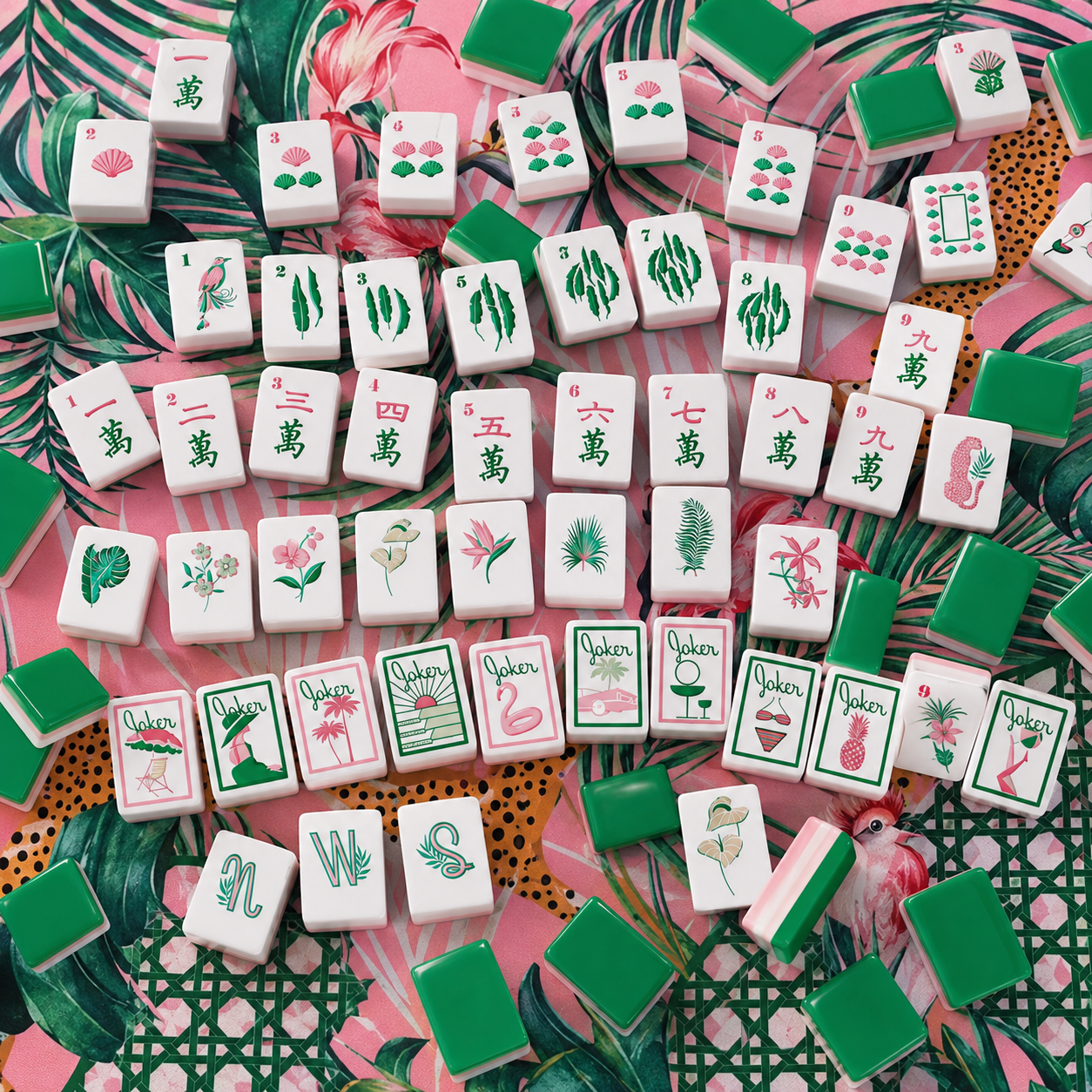 Glossy green backed mahjong tiles with white and pink side layers