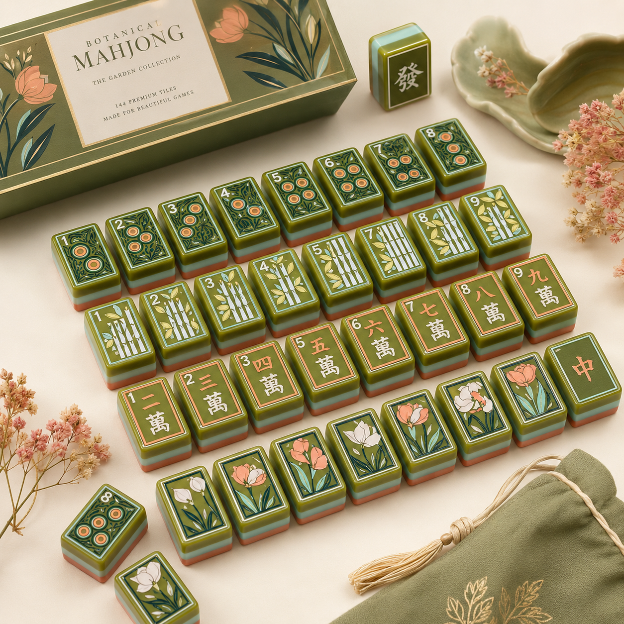 Botanical-themed mahjong set with tiles and packaging on a light surface.