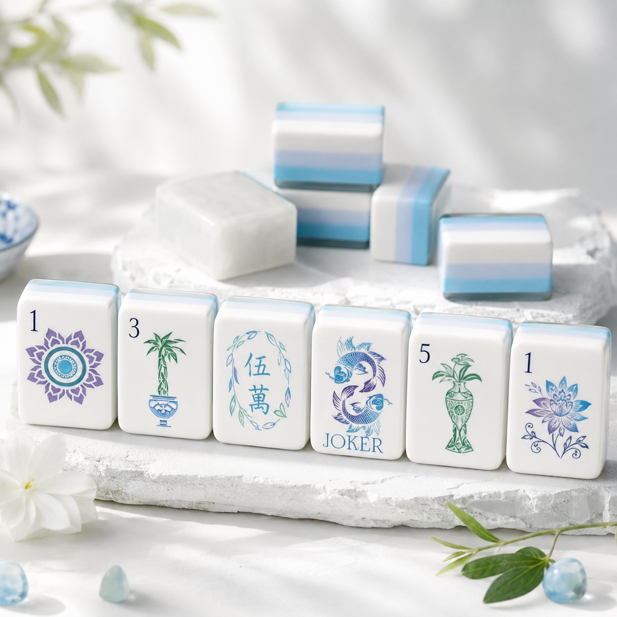 Close-up of soft blue garden mahjong tiles with pastel floral designs, koi fish joker, green bamboo details, and blue and white layered backs.