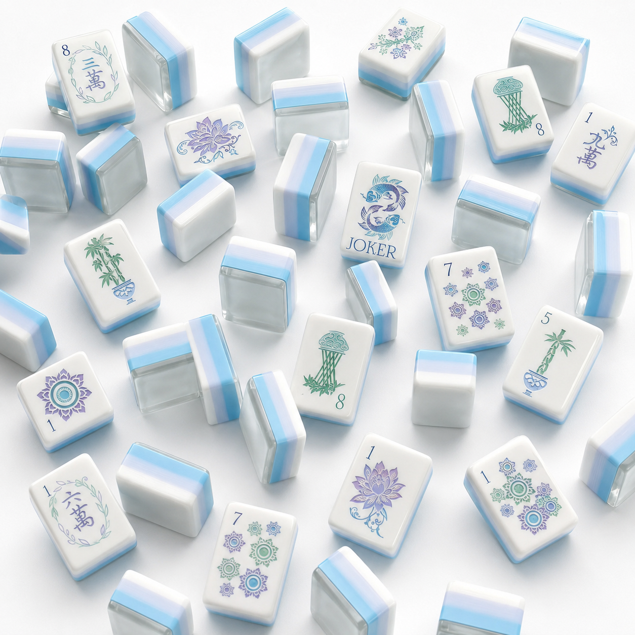 Soft blue floral mahjong tiles scattered on a white background, featuring pastel botanical artwork, koi jokers, flower tiles, and light blue striped backs.