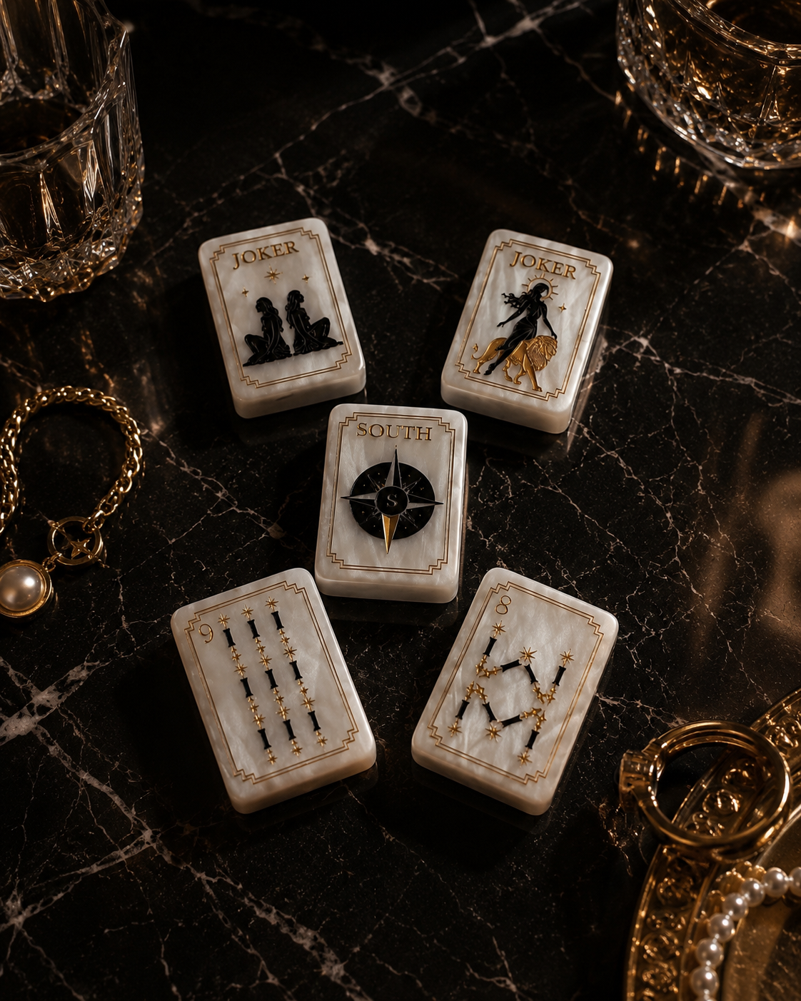 Luxury American Mahjong tiles arranged on black marble with gold accessories