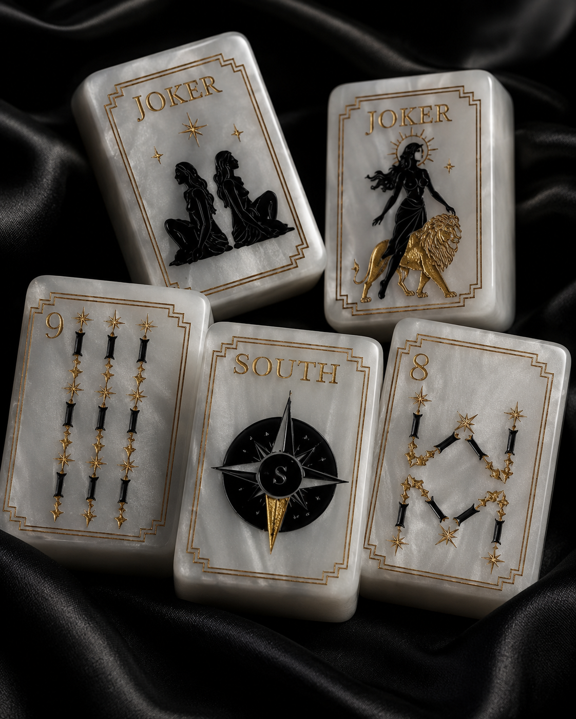 Celestial Pearl American Mahjong tiles with black and gold designs on black satin
