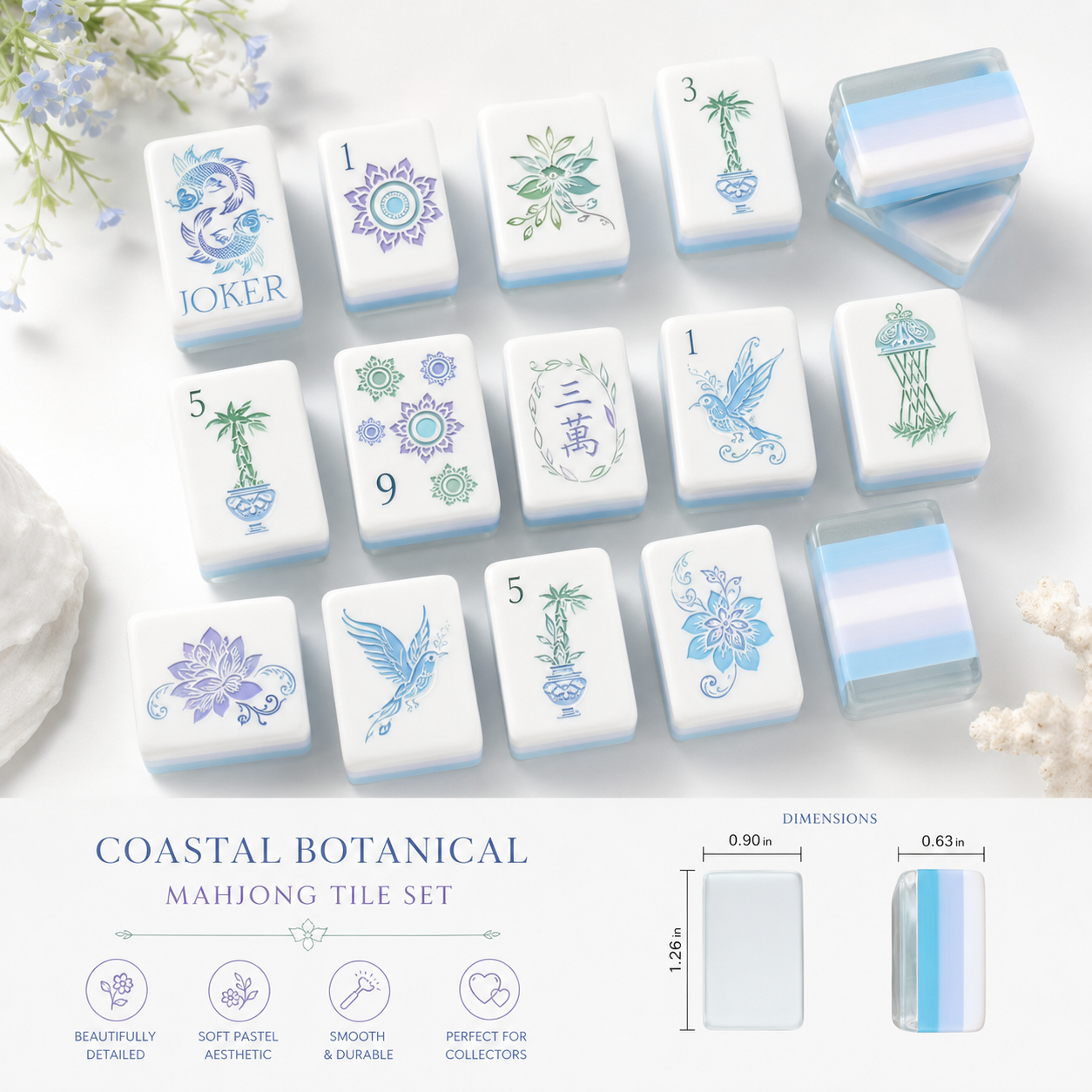 Coastal Botanical Mahjong Tile Set with decorative tiles on a white background