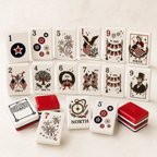 Set of decorative patriotic mahjong with various designs on a white background